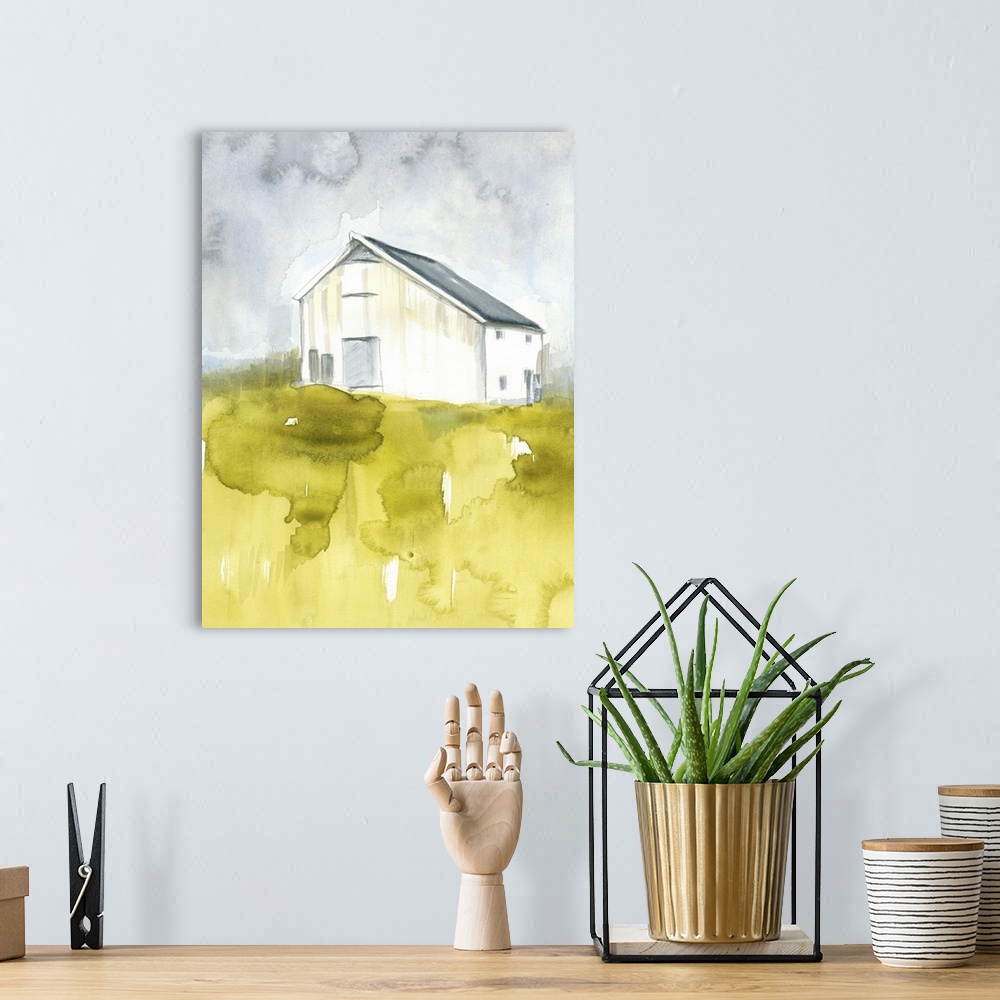 A bohemian room featuring This watercolor scene features a worn white barn with a cloudy gray sky above and vibrant green g...