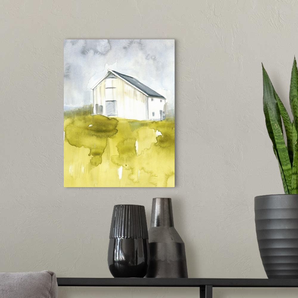 A modern room featuring This watercolor scene features a worn white barn with a cloudy gray sky above and vibrant green g...