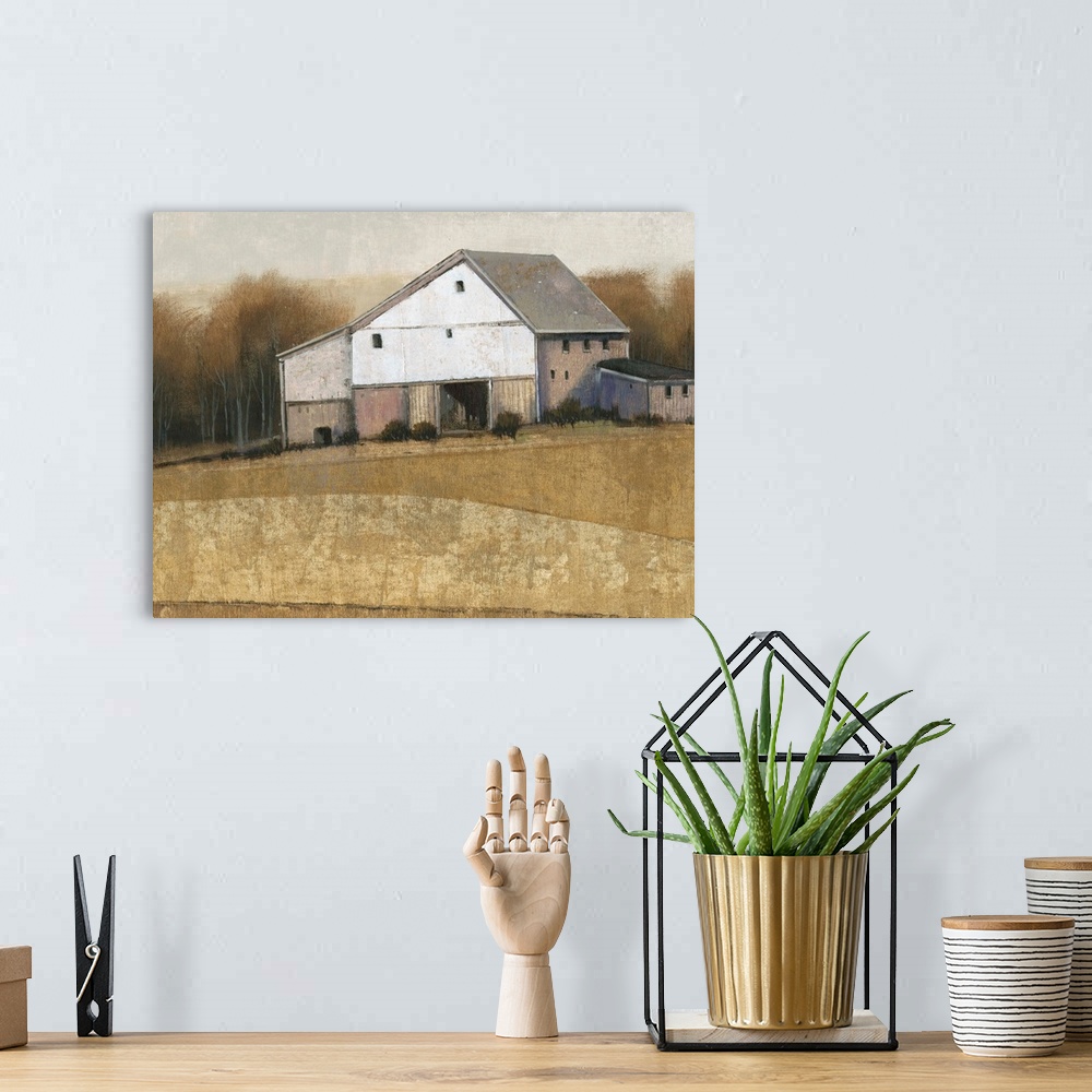 A bohemian room featuring A painting of a simple countryside farmhouse in muted colors with vertical lined texture througho...