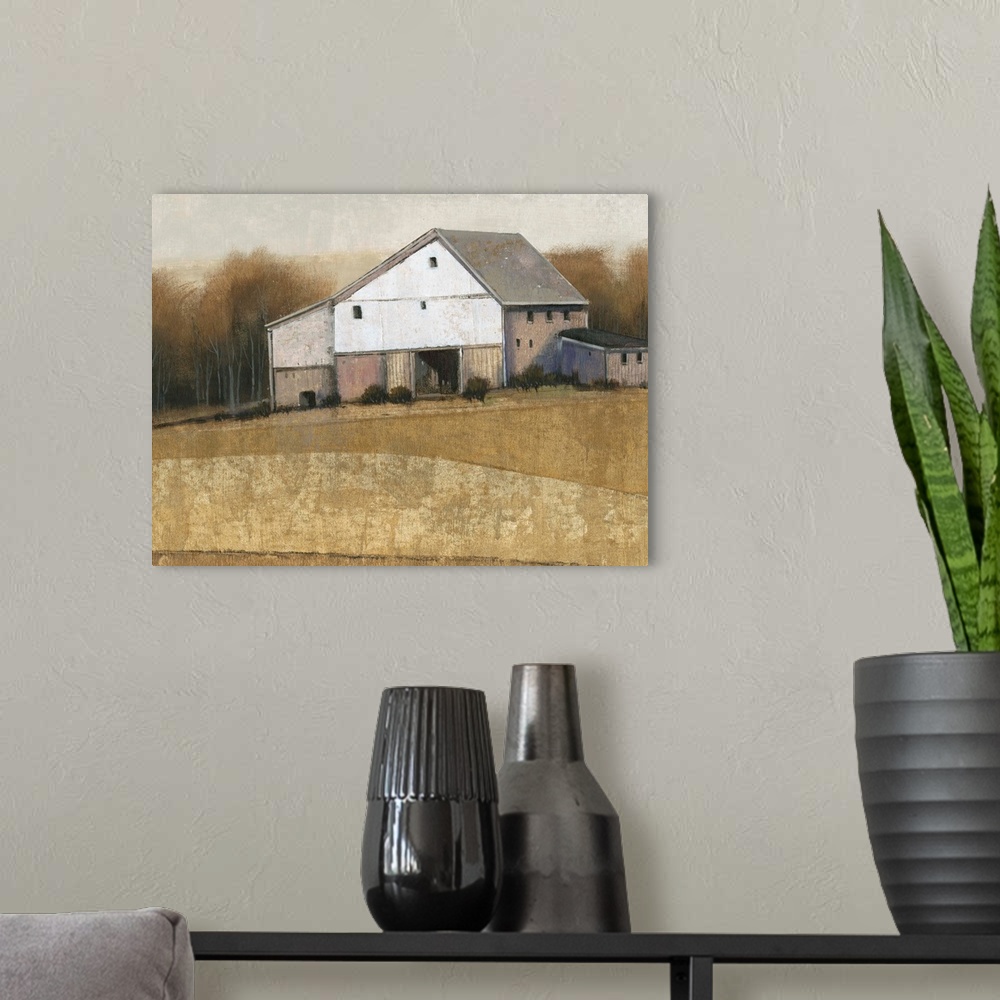 A modern room featuring A painting of a simple countryside farmhouse in muted colors with vertical lined texture througho...