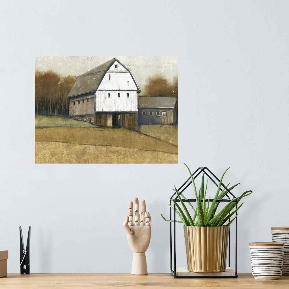 A bohemian room featuring A painting of a simple countryside farmhouse in muted colors with vertical lined texture througho...