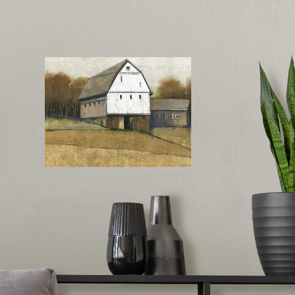 A modern room featuring A painting of a simple countryside farmhouse in muted colors with vertical lined texture througho...