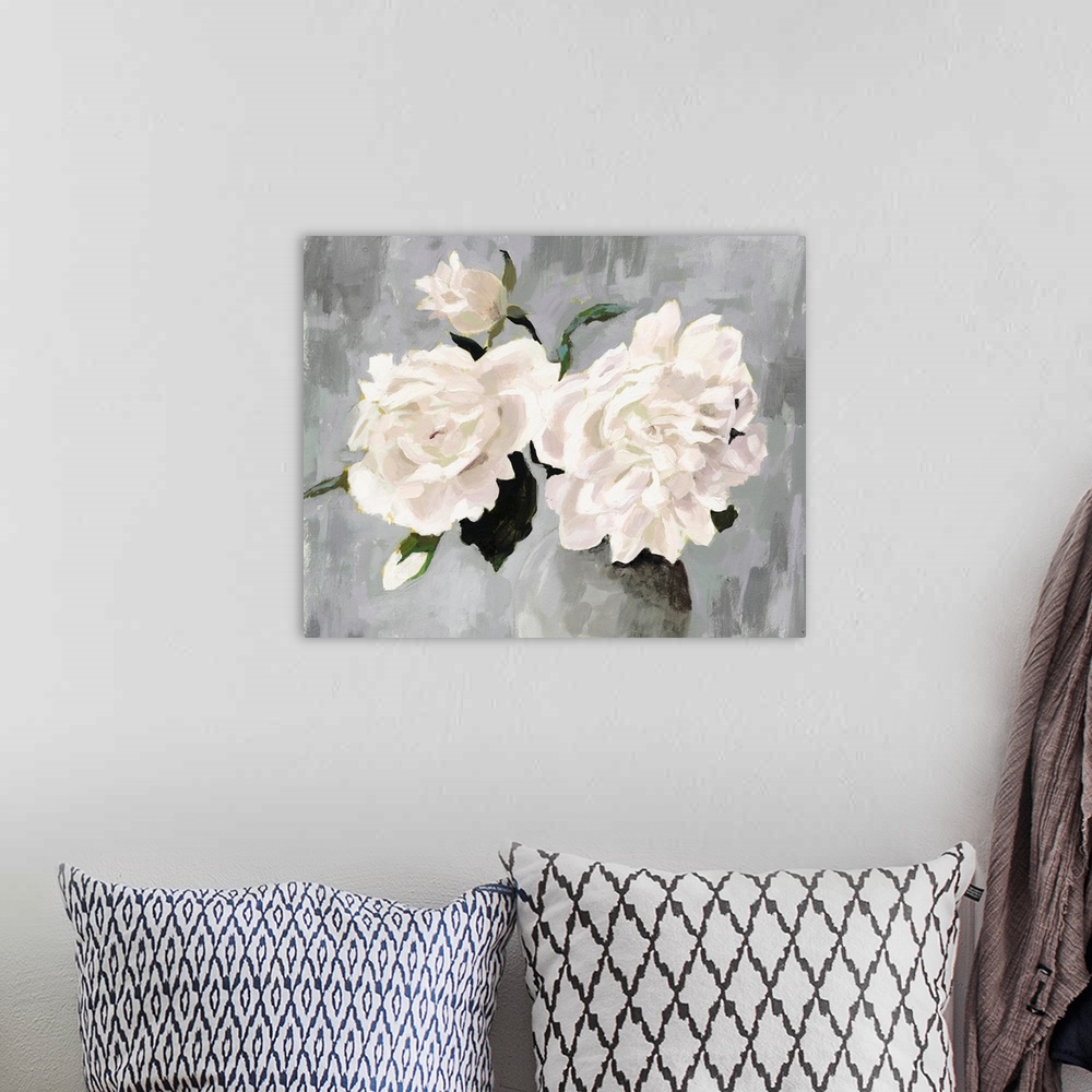 A bohemian room featuring White Blooms In Gray Vase I