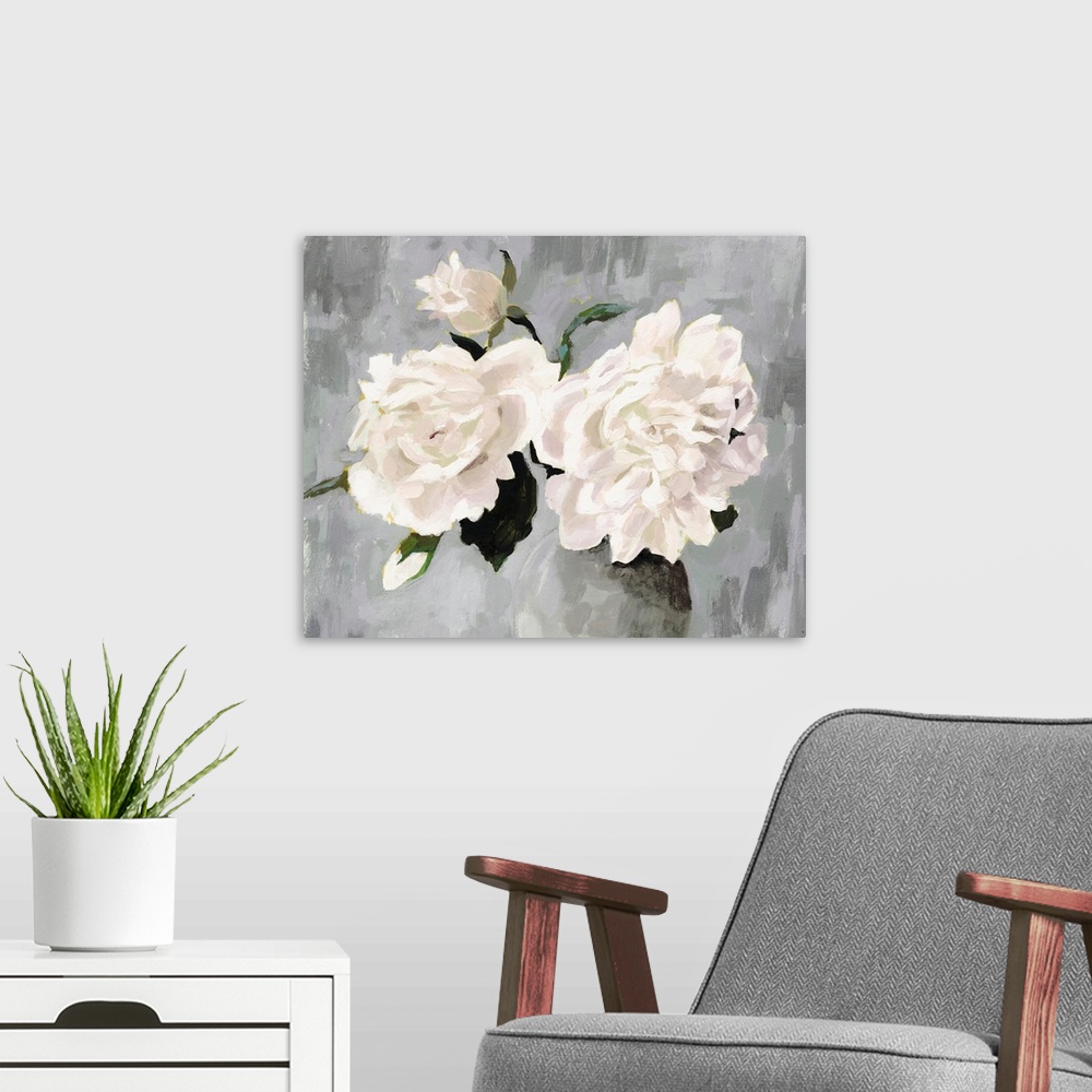 A modern room featuring White Blooms In Gray Vase I