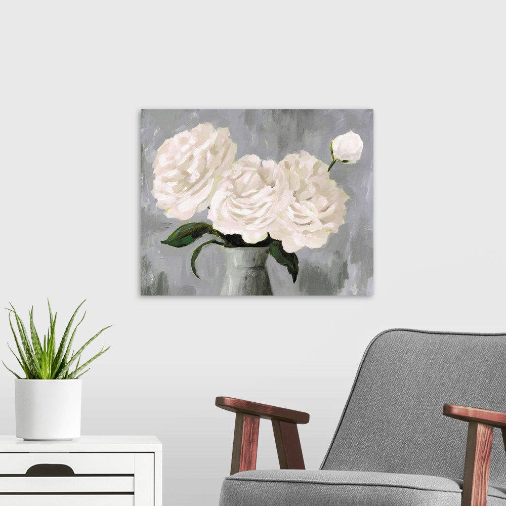 A modern room featuring White Blooms In Gray Vase II