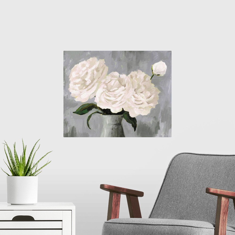 A modern room featuring White Blooms In Gray Vase II