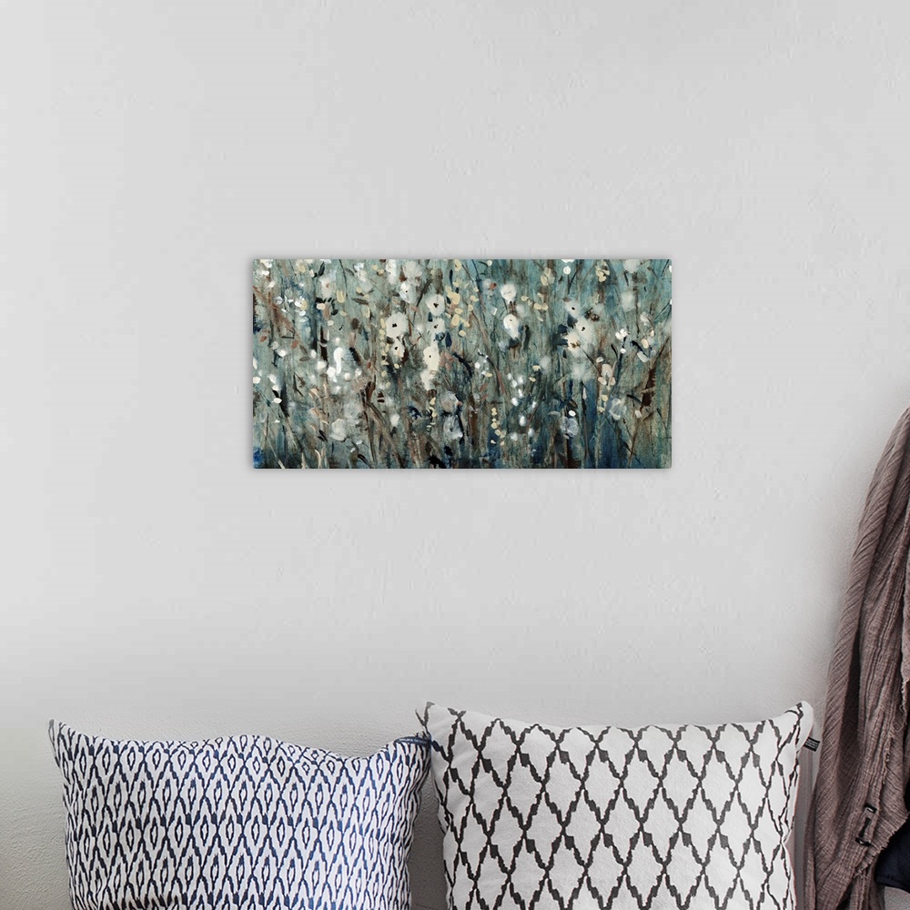 A bohemian room featuring Contemporary painting of several flowers in a field, in blue and grey tones.