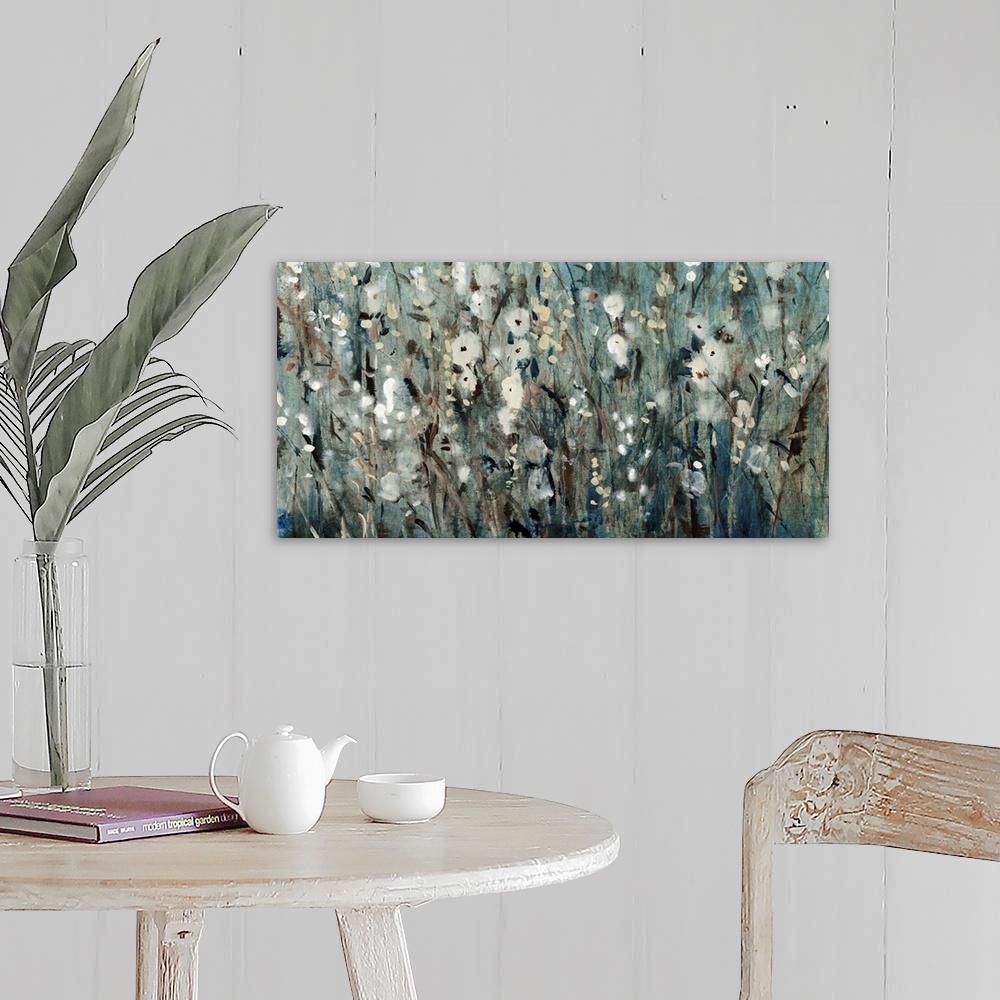 A farmhouse room featuring Contemporary painting of several flowers in a field, in blue and grey tones.