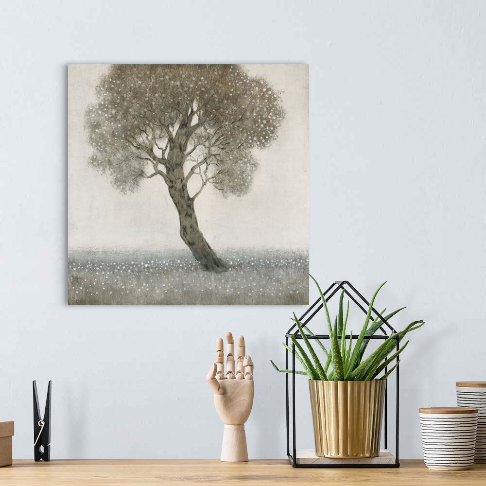 A bohemian room featuring This contemporary artwork consists of muted browns and grays to feature a lone tree with white bl...