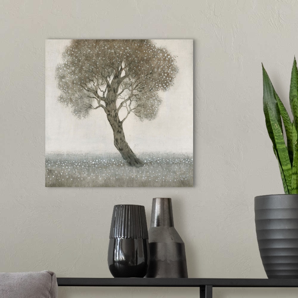 A modern room featuring This contemporary artwork consists of muted browns and grays to feature a lone tree with white bl...