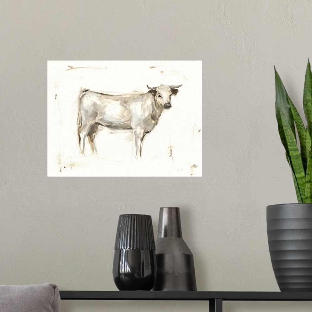 A modern room featuring Art print of a white cow with short horns.
