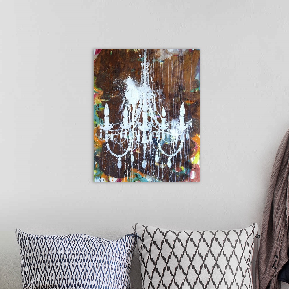 A bohemian room featuring Contemporary artwork of the form of an elegant chandelier stenciled onto a colorful abstract.
