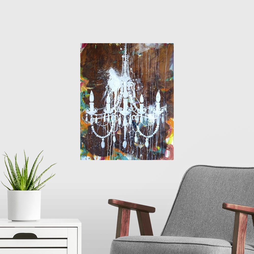 A modern room featuring Contemporary artwork of the form of an elegant chandelier stenciled onto a colorful abstract.