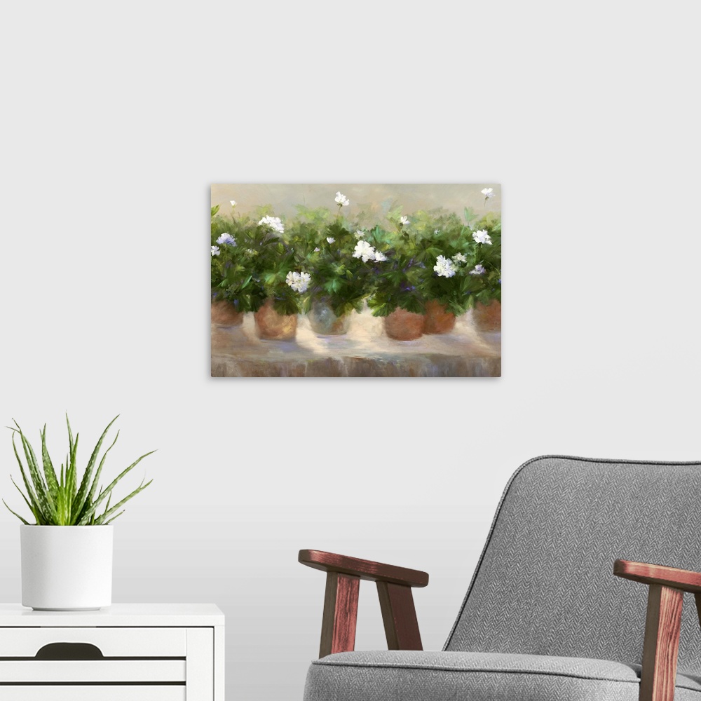 A modern room featuring Contemporary painting of a row of clay pots filled with geraniums.