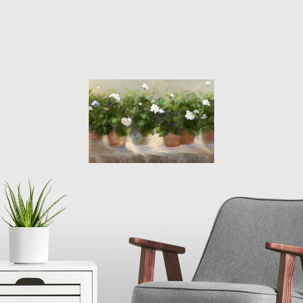 A modern room featuring Contemporary painting of a row of clay pots filled with geraniums.