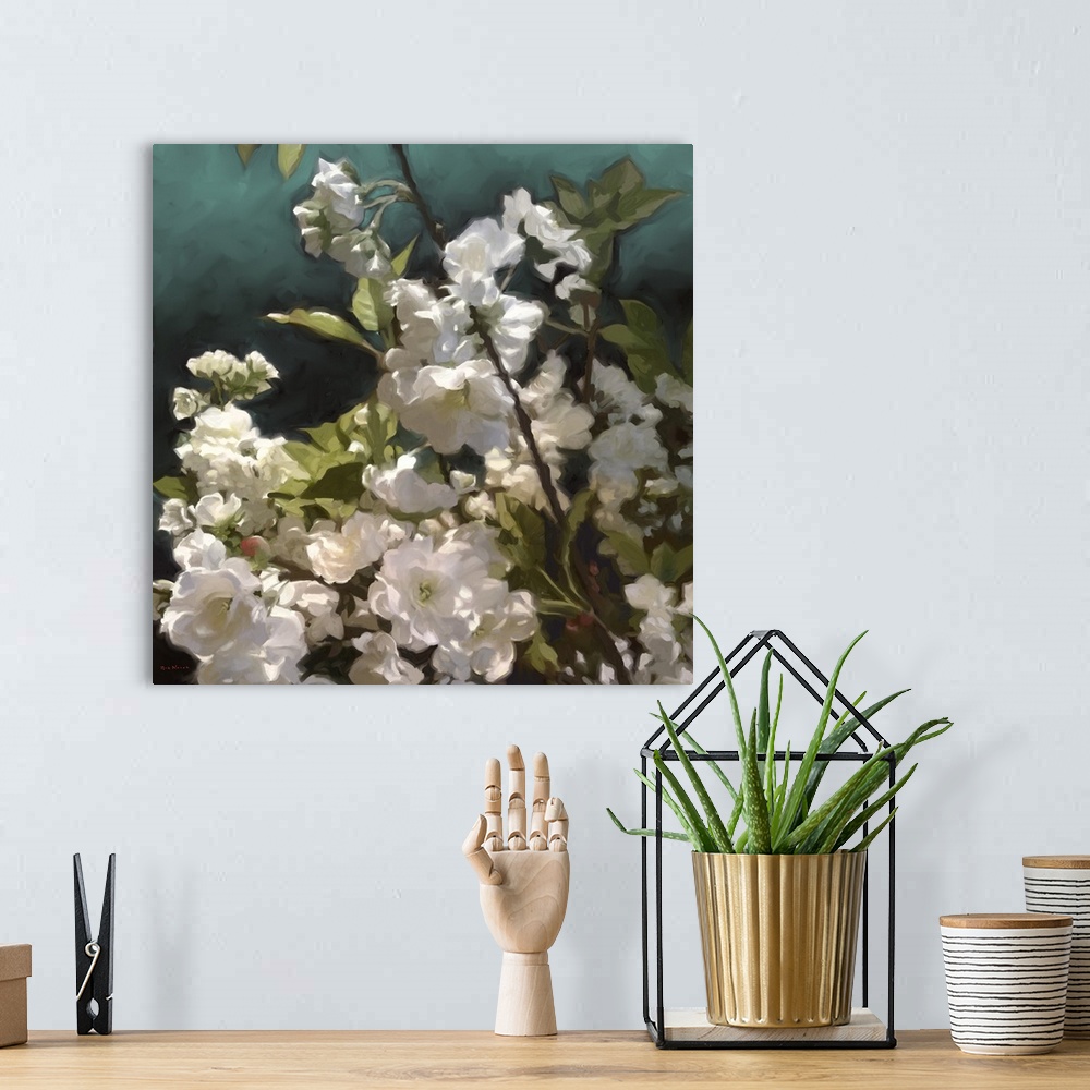 A bohemian room featuring Contemporary painting of white roses.
