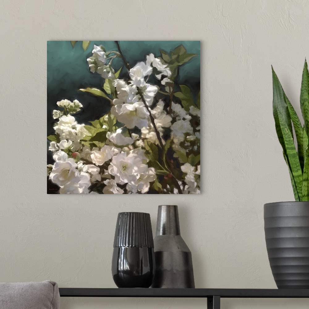 A modern room featuring Contemporary painting of white roses.