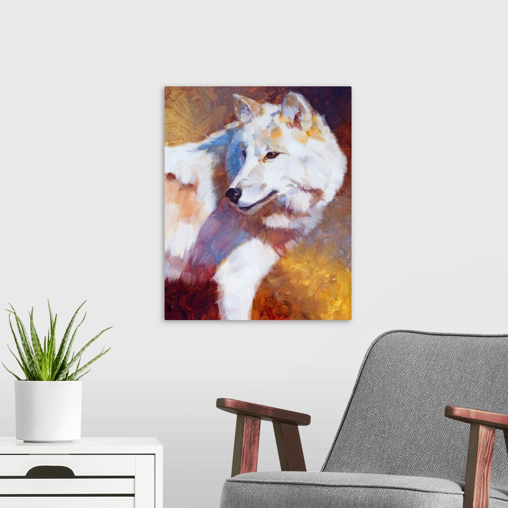 A modern room featuring Contemporary painting of a white wolf looking back at something against a golden background.