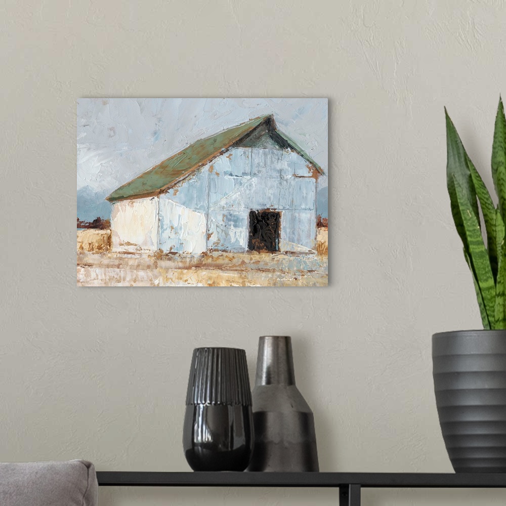 A modern room featuring Art print of an old white barn with a green roof in the countryside.