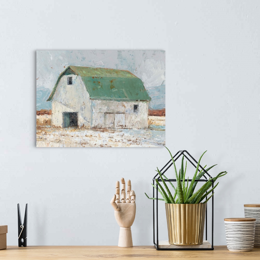 A bohemian room featuring Art print of an old white barn with a green roof in the countryside.