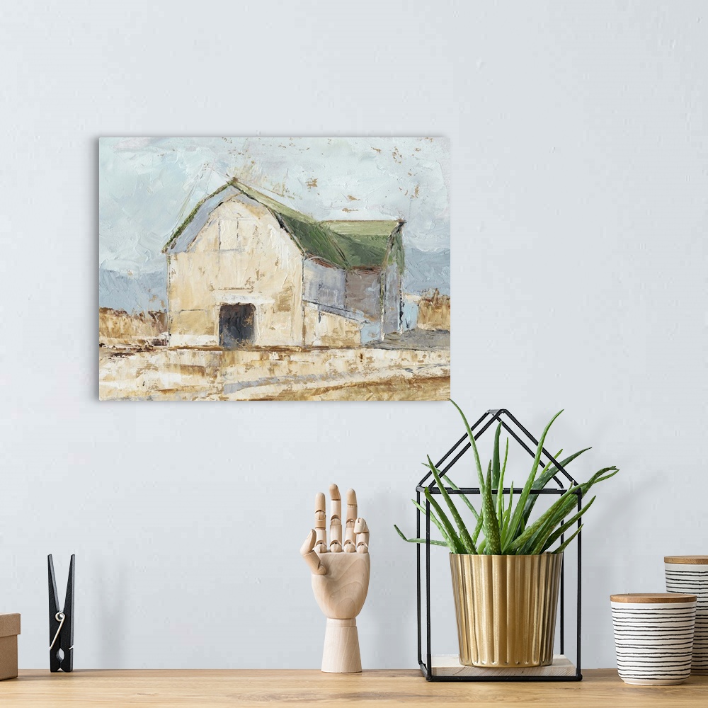 A bohemian room featuring Contemporary painting of a white barn with a green roof in the countryside.
