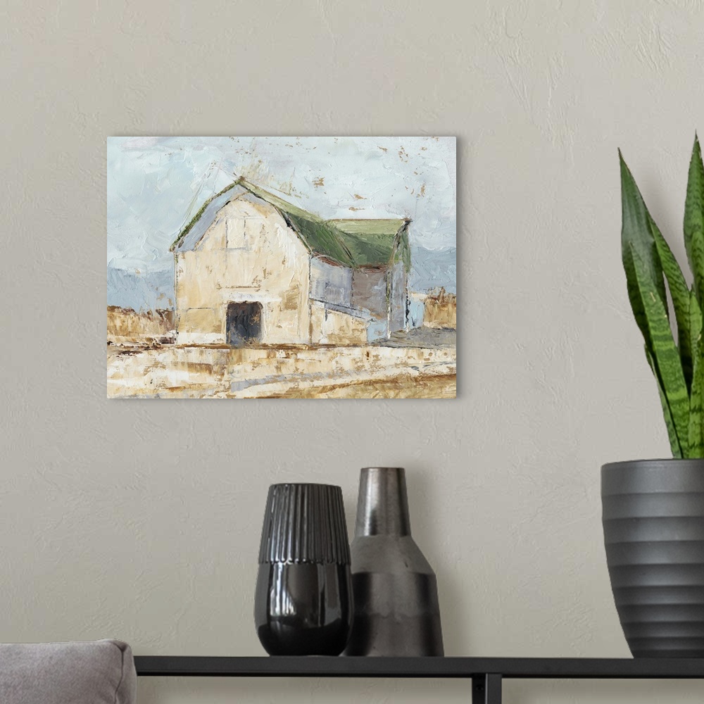 A modern room featuring Contemporary painting of a white barn with a green roof in the countryside.