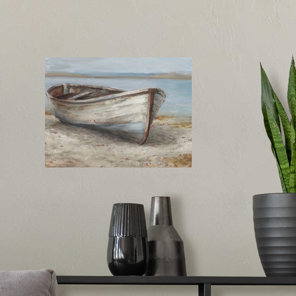 A modern room featuring A tranquil, coastal scene of an old wooden rowboat pulled up onto the sand. It features neutral t...