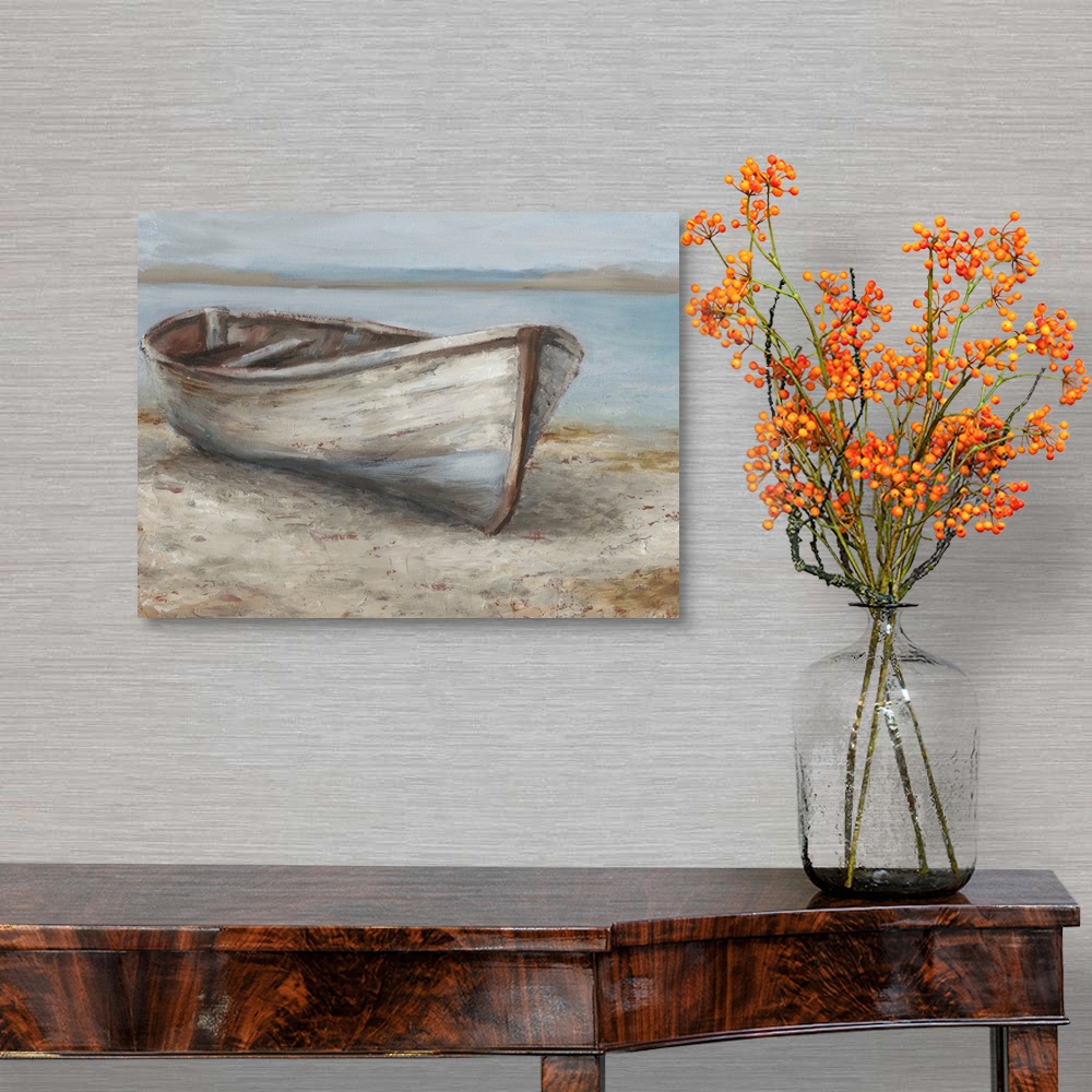 A traditional room featuring A tranquil, coastal scene of an old wooden rowboat pulled up onto the sand. It features neutral t...