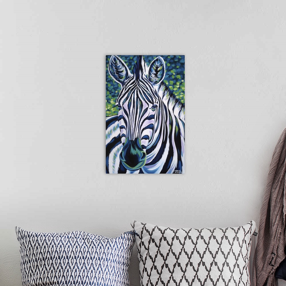 A bohemian room featuring Contemporary painting of the face of a zebra.