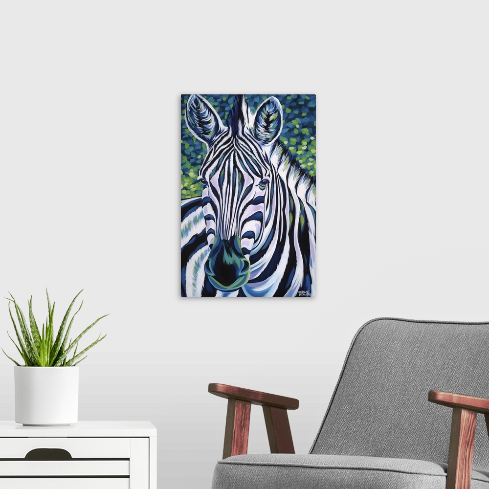 A modern room featuring Contemporary painting of the face of a zebra.