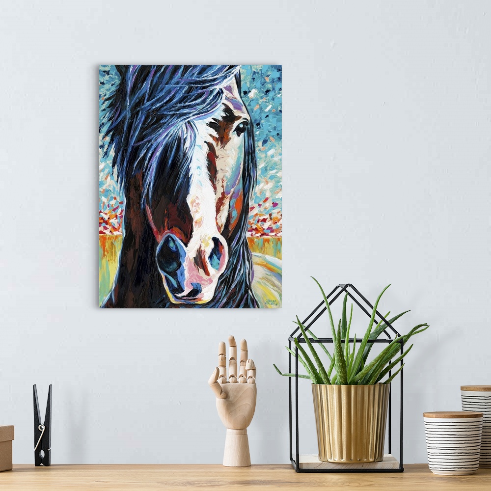 A bohemian room featuring Contemporary portrait of a wild horse with a white blaze on its face.
