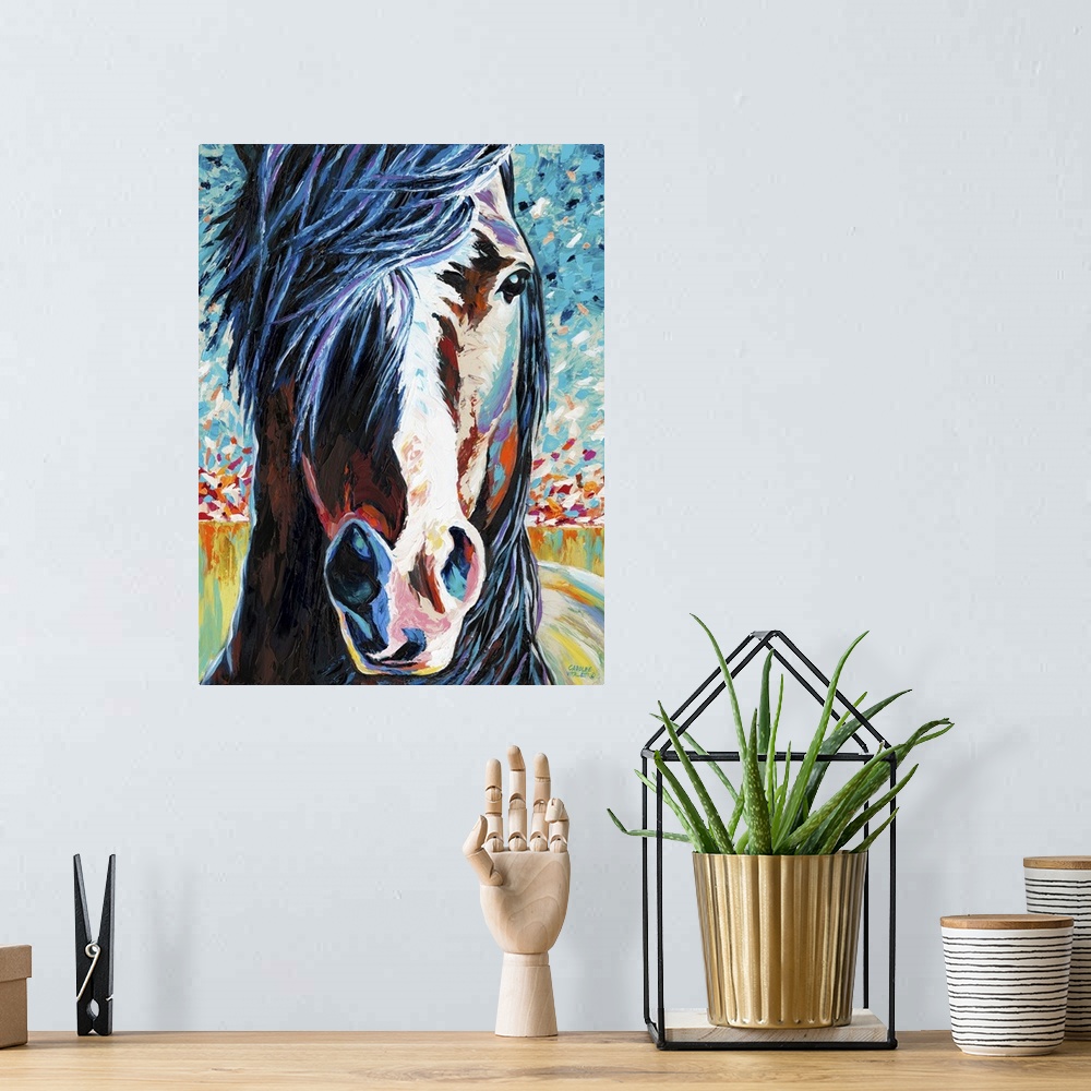 A bohemian room featuring Contemporary portrait of a wild horse with a white blaze on its face.