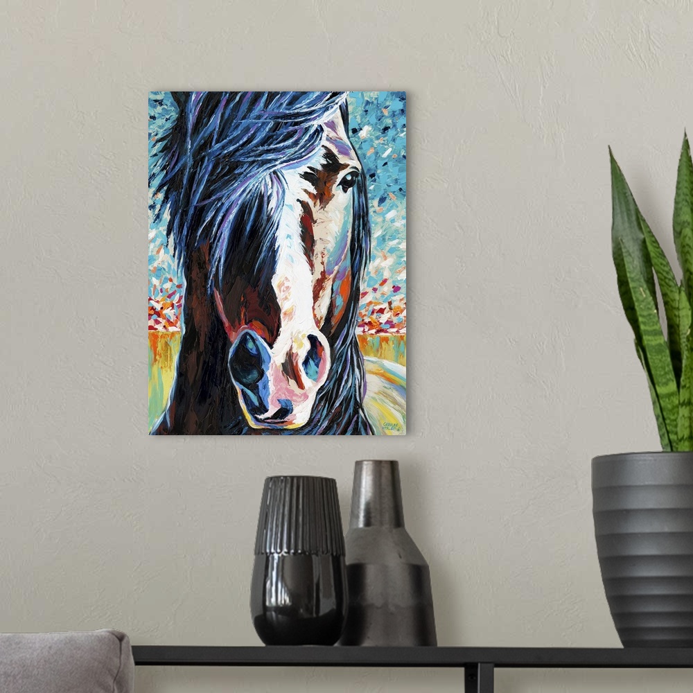 A modern room featuring Contemporary portrait of a wild horse with a white blaze on its face.