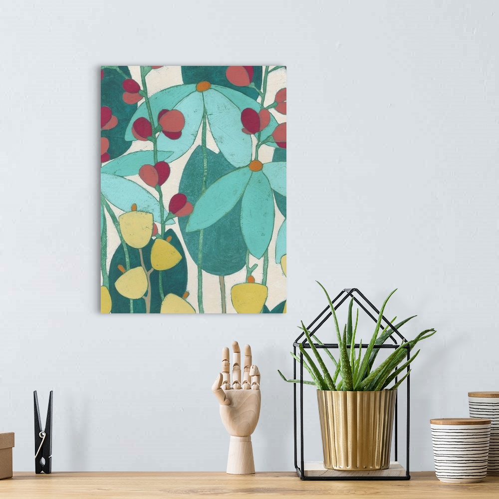 A bohemian room featuring Contemporary painting of flower in teal and turquoise with small pale yellow flowers.