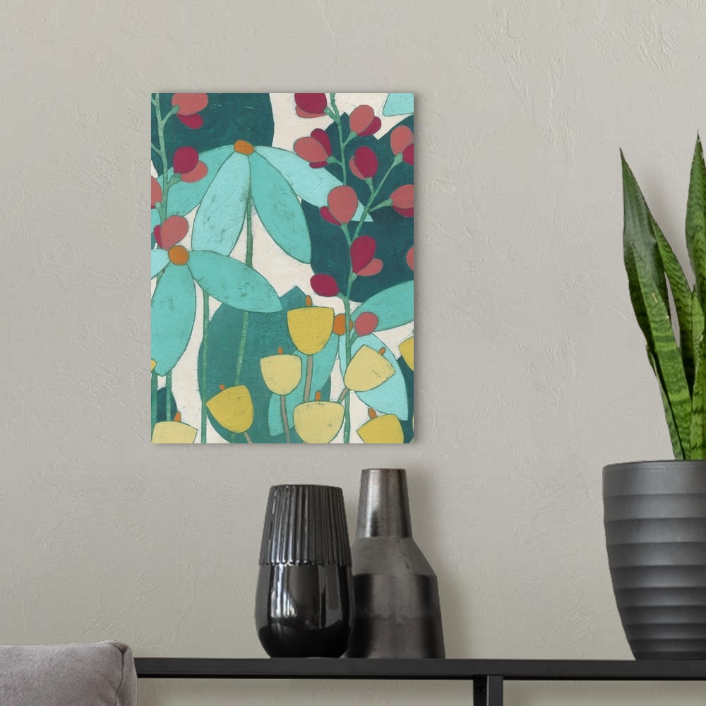 A modern room featuring Contemporary painting of flower in teal and turquoise with small pale yellow flowers.