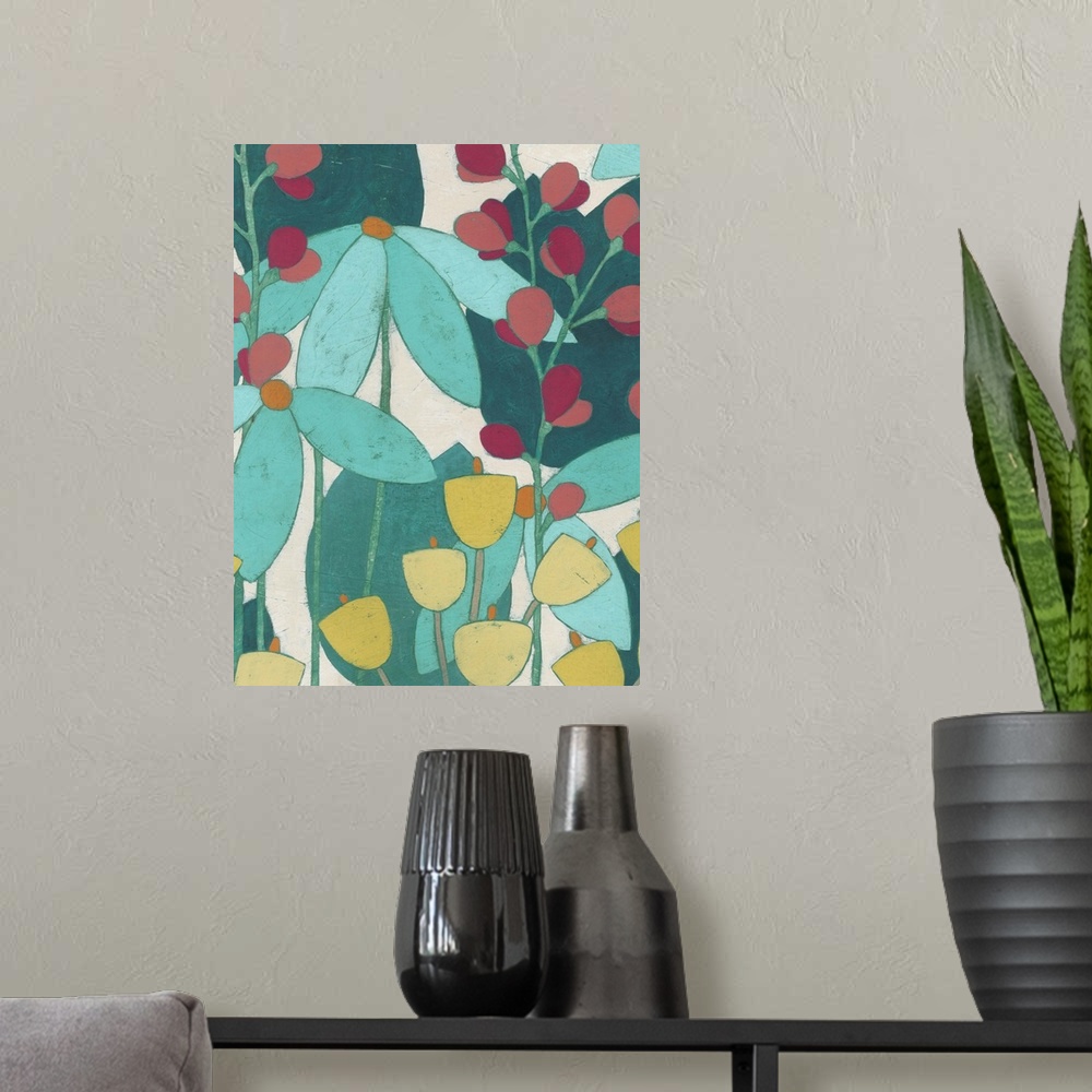 A modern room featuring Contemporary painting of flower in teal and turquoise with small pale yellow flowers.