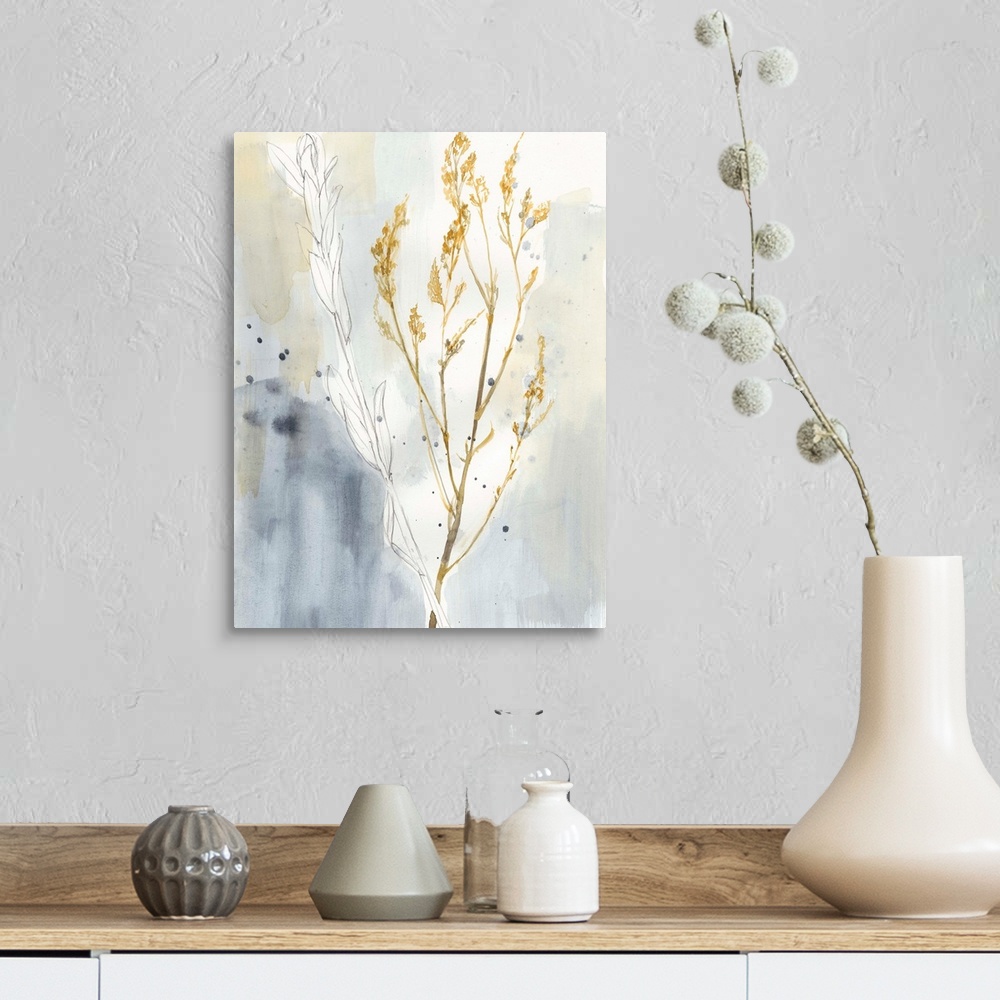 A farmhouse room featuring This contemporary artwork features gestural sketches and soft watercolors to illustrate stalks of...