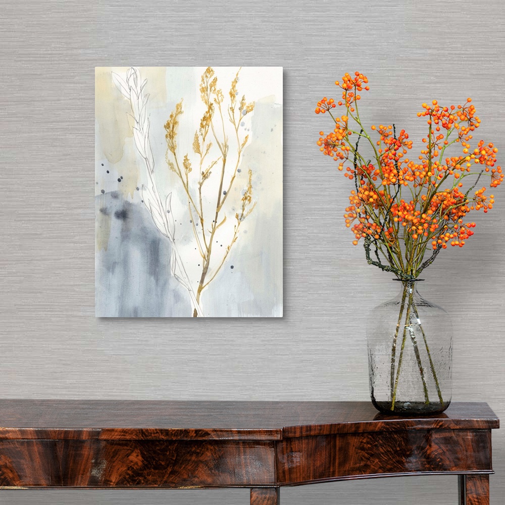 A traditional room featuring This contemporary artwork features gestural sketches and soft watercolors to illustrate stalks of...