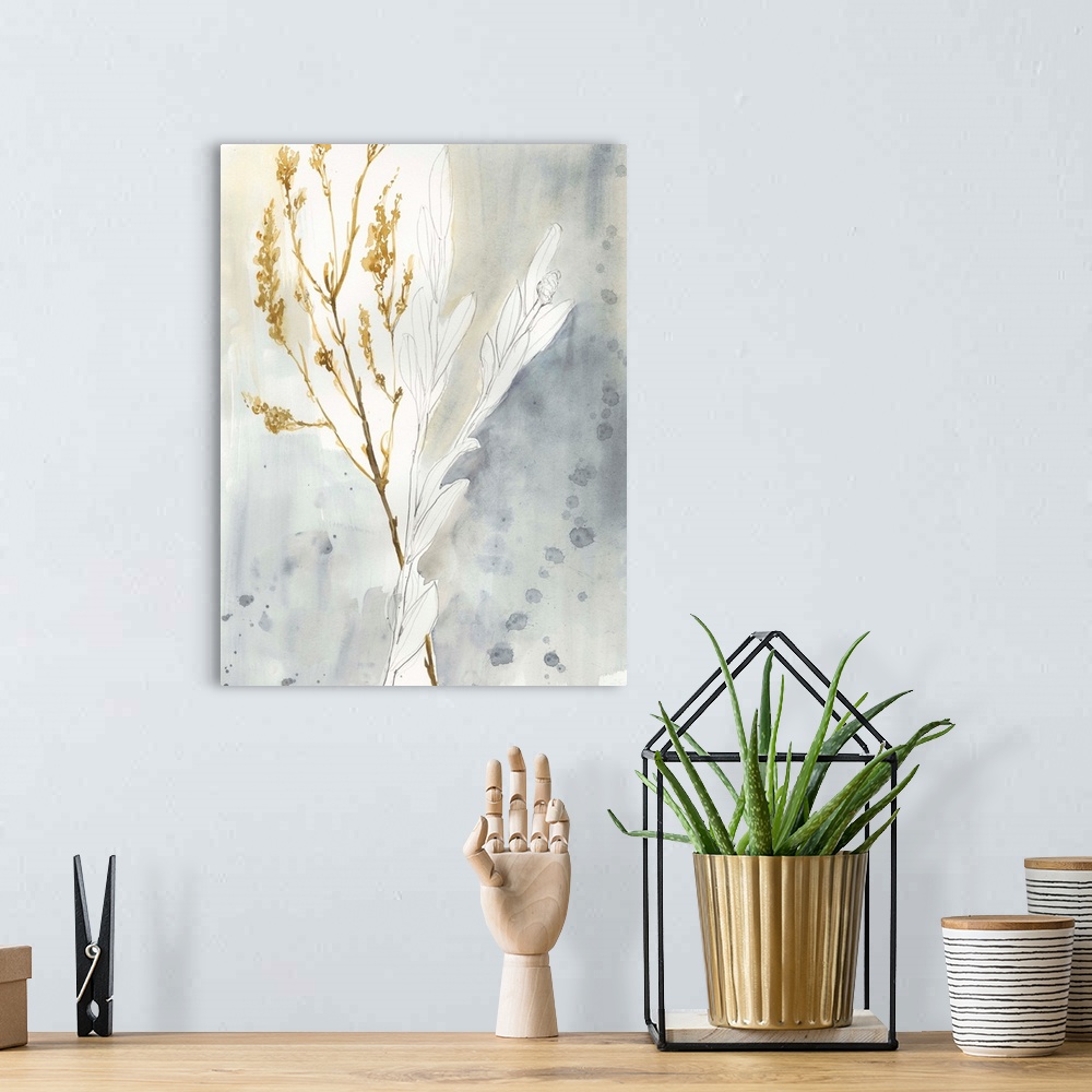A bohemian room featuring This contemporary artwork features gestural sketches and soft watercolors to illustrate stalks of...