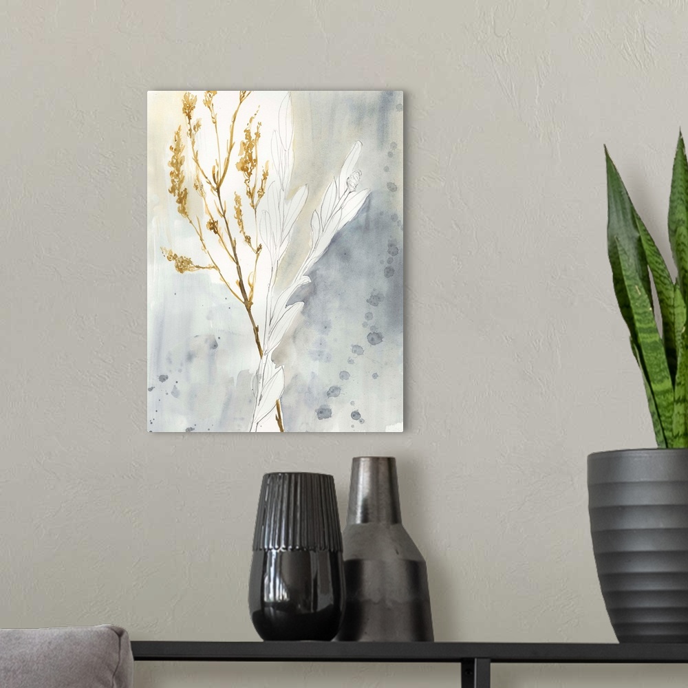 A modern room featuring This contemporary artwork features gestural sketches and soft watercolors to illustrate stalks of...