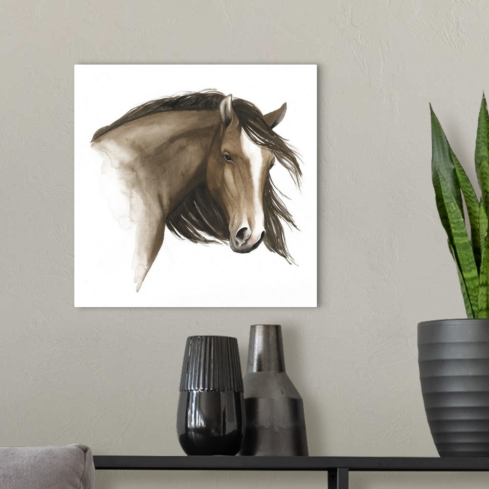 A modern room featuring Contemporary watercolor painting of a portrait of a horse with a flowing mane against a white bac...