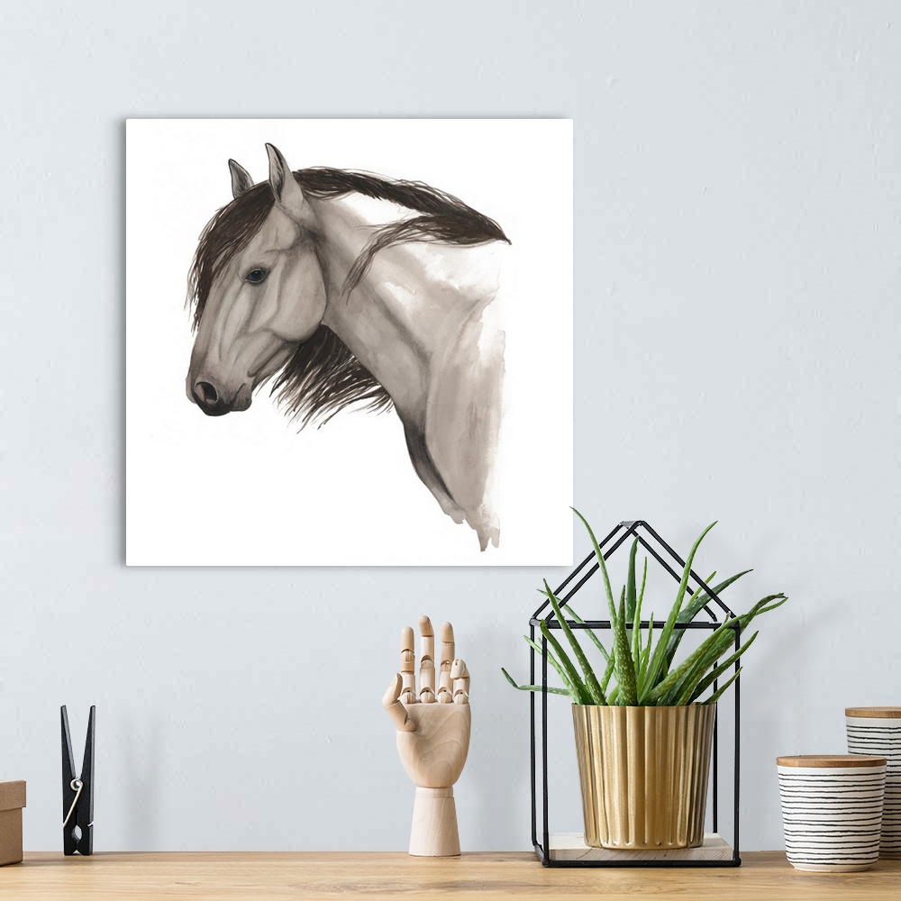 A bohemian room featuring Contemporary watercolor painting of a portrait of a horse with a flowing mane against a white bac...