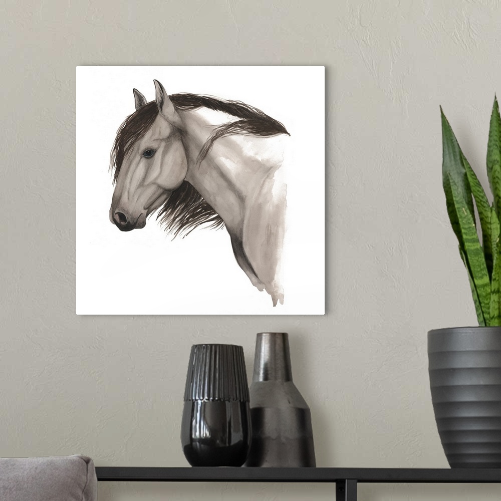 A modern room featuring Contemporary watercolor painting of a portrait of a horse with a flowing mane against a white bac...