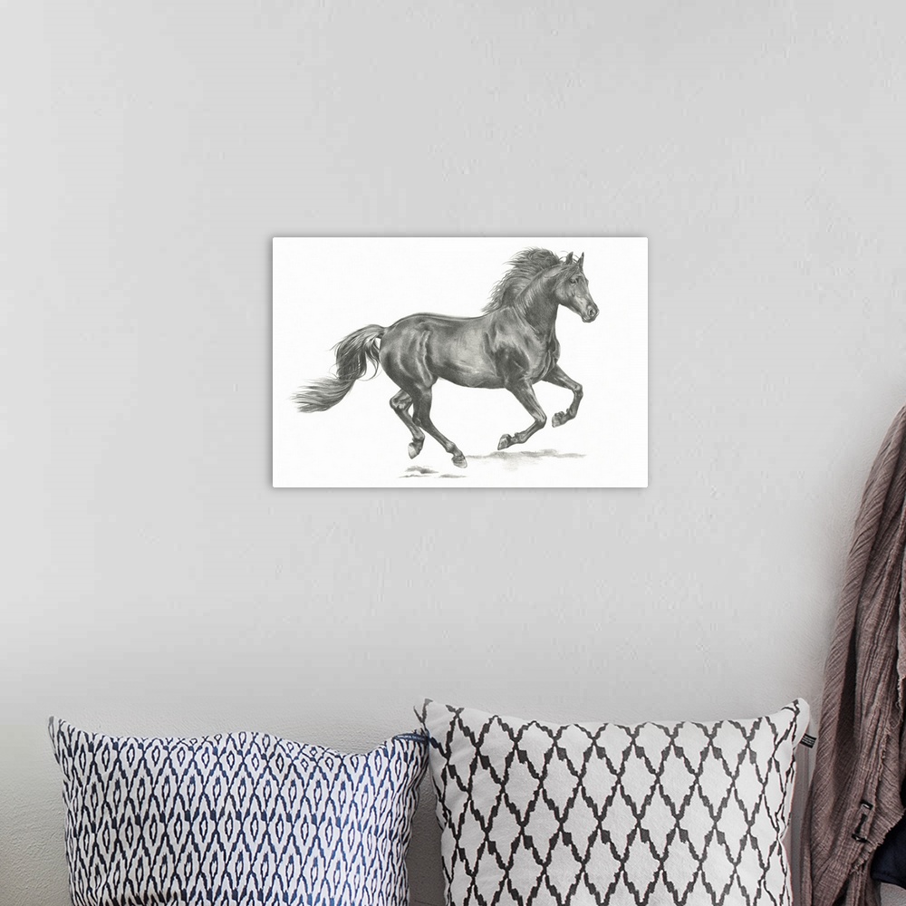 A bohemian room featuring Black and white drawing of a running horse on a white background.