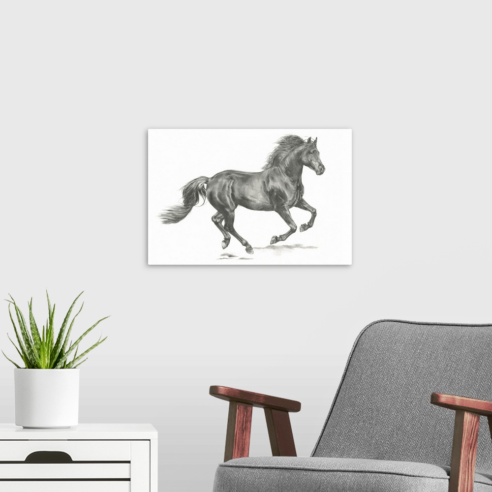 A modern room featuring Black and white drawing of a running horse on a white background.