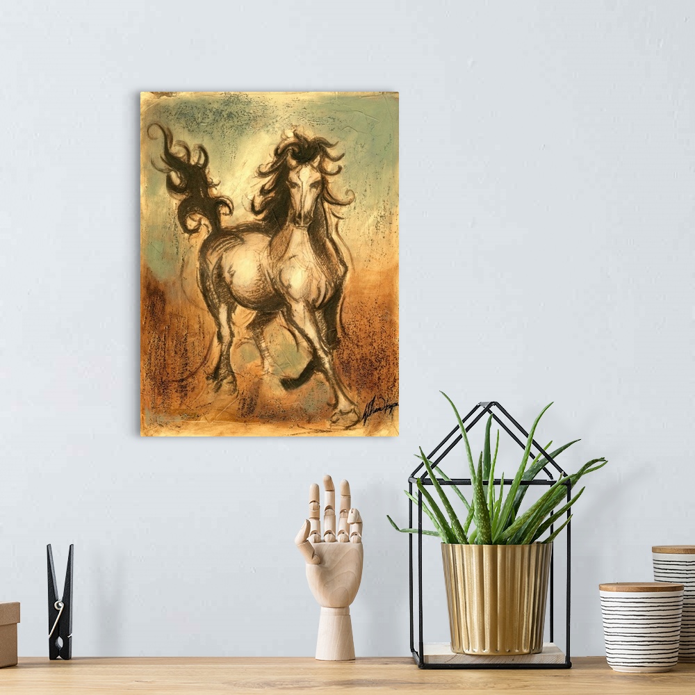 A bohemian room featuring Painting of a wild horse running on a textured background with it's curly tail and mane bouncing ...
