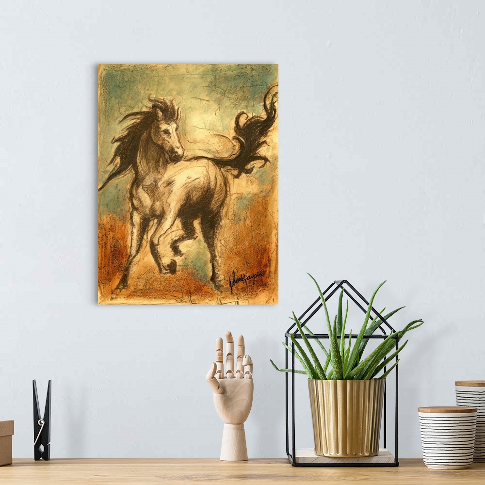 A bohemian room featuring Contemporary illustration of horse galloping with its tail and mane wild in the wind.