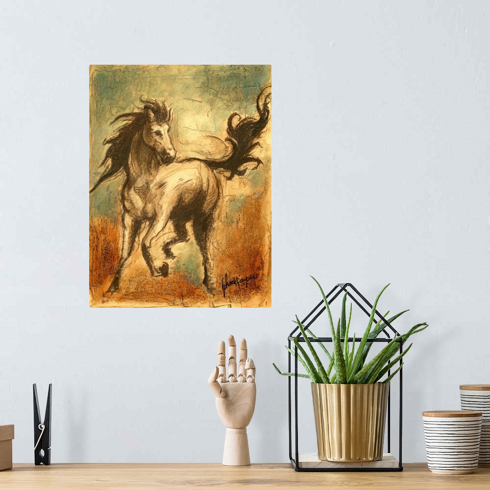 A bohemian room featuring Contemporary illustration of horse galloping with its tail and mane wild in the wind.