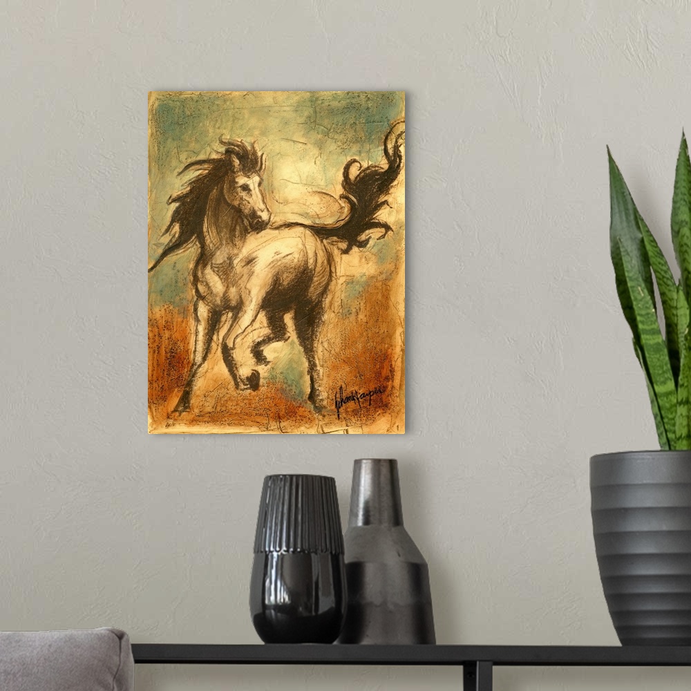 A modern room featuring Contemporary illustration of horse galloping with its tail and mane wild in the wind.