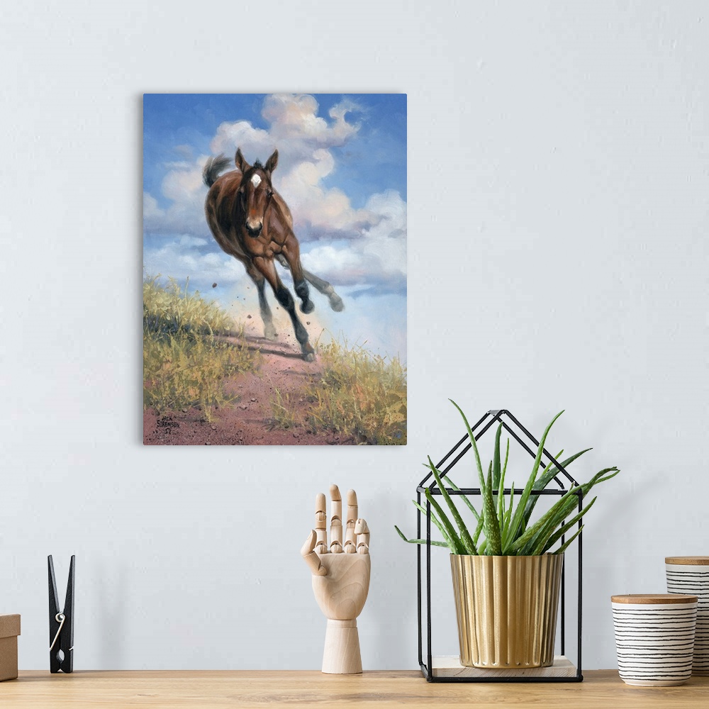 A bohemian room featuring Lively brush strokes that create an active horse running through a trail against puffy white clou...